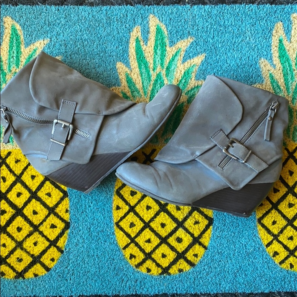 Grey Buckled Wedge Bootie